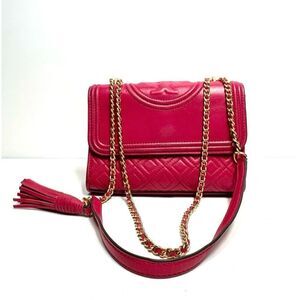 Tory Burch Fleming Quilted Magenta Convertible Shoulder Bag Gold Chain Tassel